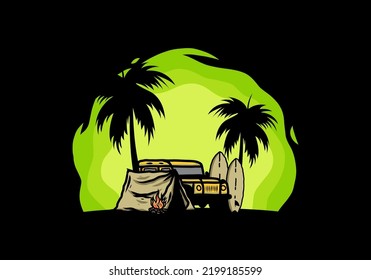 Camping en la playa con diseño de ilustración de coches fuera de carretera