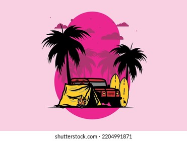 Camping en la playa con diseño de ilustración de coches fuera de carretera