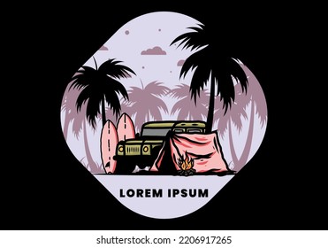 Camping en la playa con diseño de ilustración de coches fuera de carretera