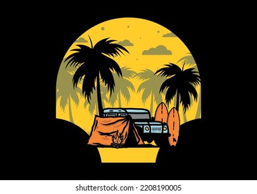 Camping am Strand mit Offroad-Illustration Design
