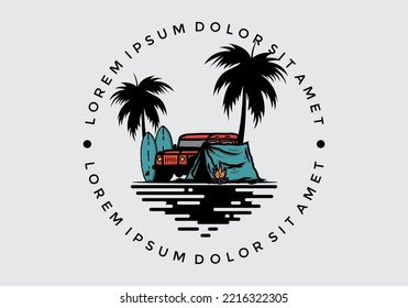 Camping en la playa con diseño de ilustración de coches fuera de carretera