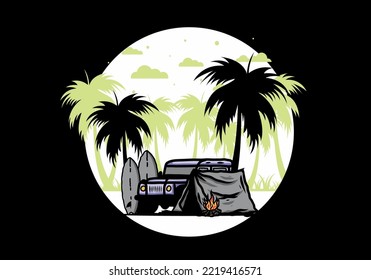 Camping on the beach with off road car illustration design