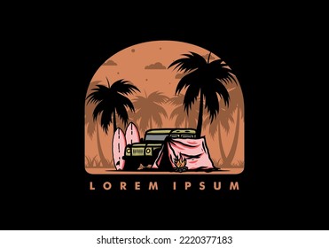 Camping on the beach with off road car illustration design