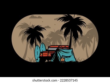 Camping on the beach with off road car illustration design