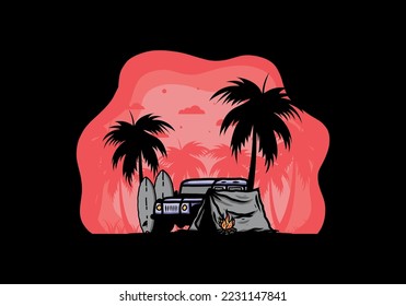 Camping en la playa con diseño de ilustración de coches fuera de carretera