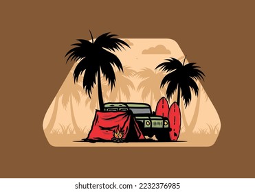 Camping on the beach with off road car illustration design
