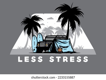 Camping on the beach with off road car illustration design