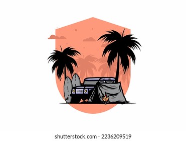 Camping on the beach with off road car illustration design