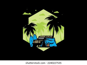 Camping on the beach with off road car illustration design