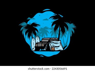 Camping on the beach with off road car illustration design