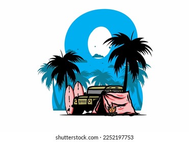 Camping en la playa con diseño de ilustración de coches fuera de carretera