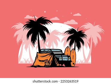 Camping on the beach with off road car illustration design