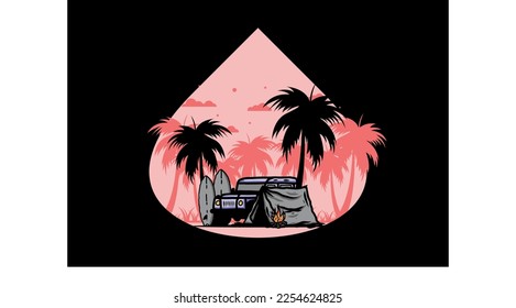 Camping en la playa con diseño de ilustración de coches fuera de carretera