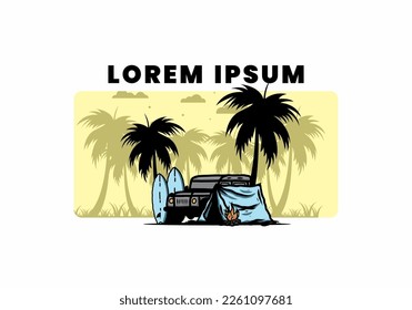 Camping on the beach with off road car illustration design