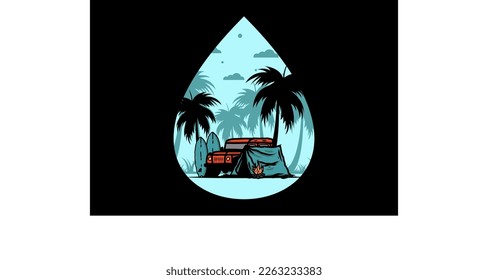Camping on the beach with off road car illustration design