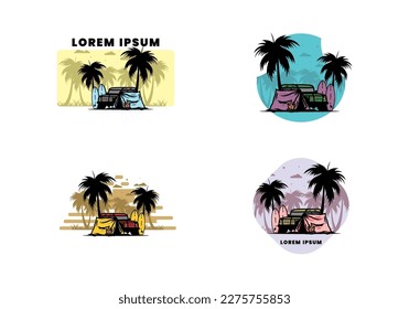 Camping on the beach with off road car illustration design