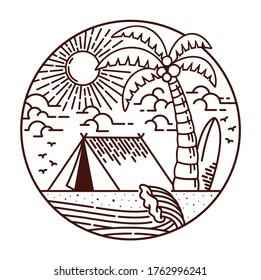 Camping on the beach vector line illustration