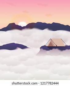 Camping on cliff when mist on sky pink.Vector landscape.