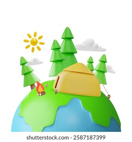 Camping on Earth planet, forest and fir trees. Tourist tent and bonfire. Summer travel 3D cartoon vector illustration. Adventure journey. Holiday vacation and nature tourism