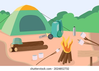 Camping en un vector de diseño plano de la ilustración forestal