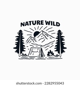 camping on forest with nature wild lettering .Vintage design with mountains, camping tent, forest silhouettes, waterfall and mountain. For t shirt, badge, emblem, sign. Vector illustration	