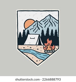 Camping on the forest, near a river and warmed by bonfire design for badge, sticker, patch, t shirt design, etc