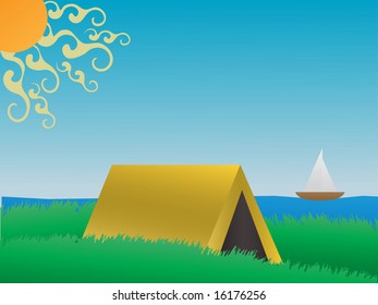Camping on a grassy hill near lake daytime VECTOR