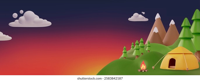 Camping on the hill, forest and mountains. Tourist tent and bonfire. Summer night travel 3D cartoon vector illustration. Adventure journey. Holiday vacation and nature tourism