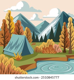 Camping on the lake shore in autumn forest. Landscape in autumn colors. Camping poster. Flat style. Vector illustration