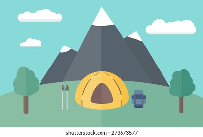 Camping on the Meadow on a Background of Mountains - Simple Illustration in Flat Style