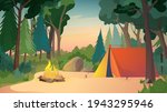 Camping on meadow, landing page in flat cartoon style. Tent at forest place, campfire and trees. Outdoor activities, hiking, travelling, summer camp concept. Vector illustration of web background