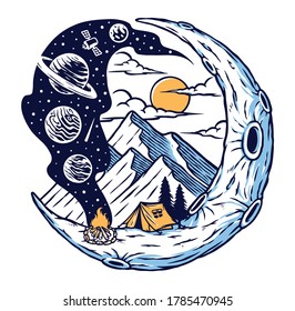 Acampando en la ilustración del vector lunar