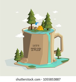 Camping on the mountain in the form of a large mug with a pond and waterfall.