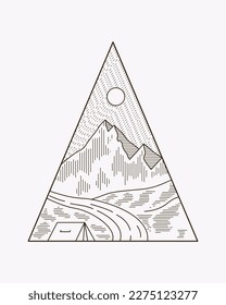 Camping on the nature graphic illustration vector mono line art t-shirt badge patch design