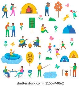 Camping on nature isolated icons set vector. People holding map, children play with ball and dog, man fishing, floating on boat. Person cooking and eating