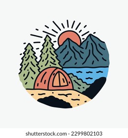 camping on the nature mono line design for badge, sticker, patch, t shirt design, etc