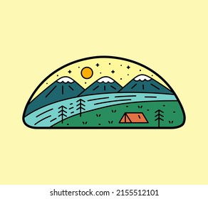 camping on nature mountain river, design for t-shirt, sticker, badge, kids stuff, etc