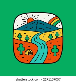 Camping on nature mountains and rainbow sky design for badge, sticker, patch, t shirt design, etc