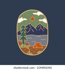 Camping on near lake and mountain for nature badge patch emblem graphic vector art t-shirt design