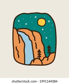 Camping on Niagara waterfall, adventure wild line badge patch pin emblem graphic illustration vector art t-shirt design