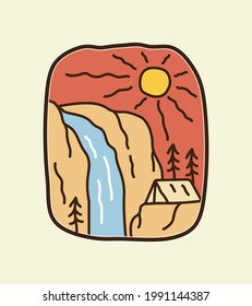 Camping auf dem Wasserfall von Niagara, Adventure Willine-Badge-Patch-Pin-Emblem für grafische Illustration, Vektorgrafik-T-Shirt-Design