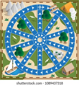 Camping on the river. Board game. Vector design for app game user interface.