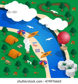 Camping on the river. Isometric. Vector illustration.