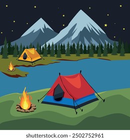 Camping on the riverbank. Overnight in the forest in the foothills. Vector landscape.