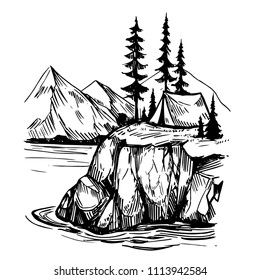 Camping on a rock. Camping tent. Wild natural landscape with lake, rocks, trees. Hand drawn illustration converted to vector.  