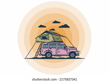 Camping on the roof of the car illustration design
