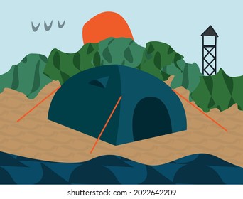 camping on the shore. blue tent. sunrise. vector illustration