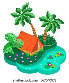 Camping on a tropical island. 3D isometric view. Vector illustration.