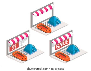 Camping online vector illustration. 3d isometric inflatable boat and tent on laptop keyboard. Online shopping, e-commerce concept design elements isolated on white background.