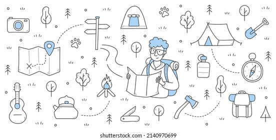 Camping, orienteering, and hiking doodle concept with tourist searching route with map in forest with road fork, tent, compass, axe, spade, cauldron, and animal footprints, Line art vector background